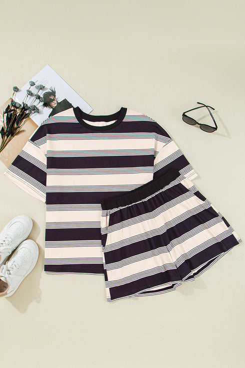 Black Stripe Short Sleeve T Shirt and High Waist Pocketed Shorts Set