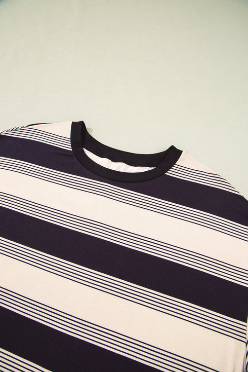 Black Stripe Short Sleeve T Shirt and High Waist Pocketed Shorts Set