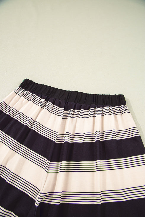 Black Stripe Short Sleeve T Shirt and High Waist Pocketed Shorts Set