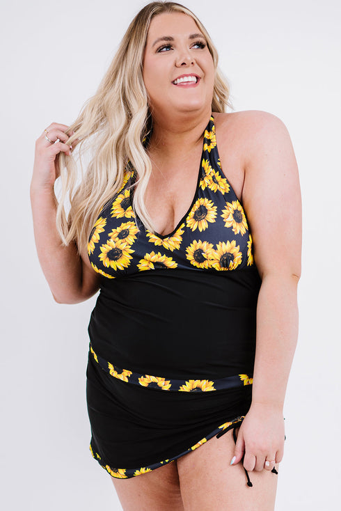 Black Sunflower Strappy Halter Drawstring Side Plus Size Tankini Set
