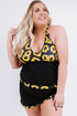 Black Sunflower Strappy Halter Drawstring Side Plus Size Tankini Set