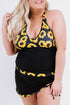 Black Sunflower Strappy Halter Drawstring Side Plus Size Tankini Set
