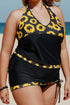 Black Sunflower Strappy Halter Drawstring Side Plus Size Tankini Set