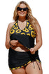 Black Sunflower Strappy Halter Drawstring Side Plus Size Tankini Set
