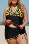 Black Sunflower Strappy Halter Drawstring Side Plus Size Tankini Set