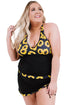 Black Sunflower Strappy Halter Drawstring Side Plus Size Tankini Set