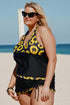 Black Sunflower Strappy Halter Drawstring Side Plus Size Tankini Set