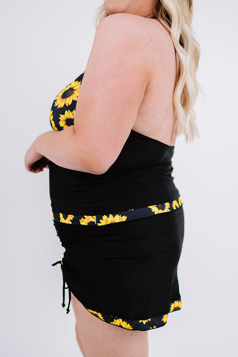 Black Sunflower Strappy Halter Drawstring Side Plus Size Tankini Set