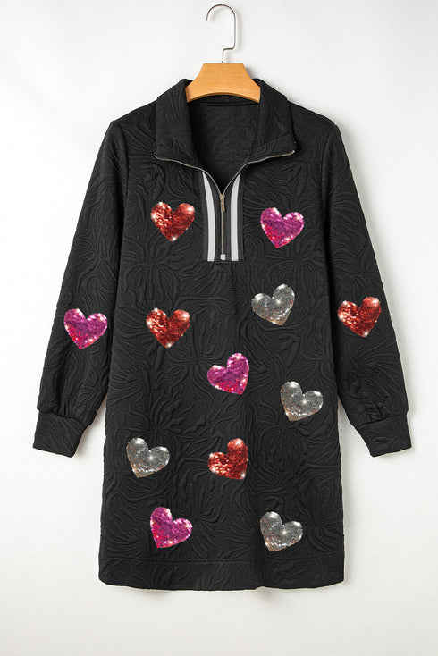 Black Textured Heart Patched Graphic Bracelet Sleeve Quarter Zip Collar Mini Dress