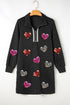 Black Textured Heart Patched Graphic Bracelet Sleeve Quarter Zip Collar Mini Dress