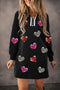 Black Textured Heart Patched Graphic Bracelet Sleeve Quarter Zip Collar Mini Dress