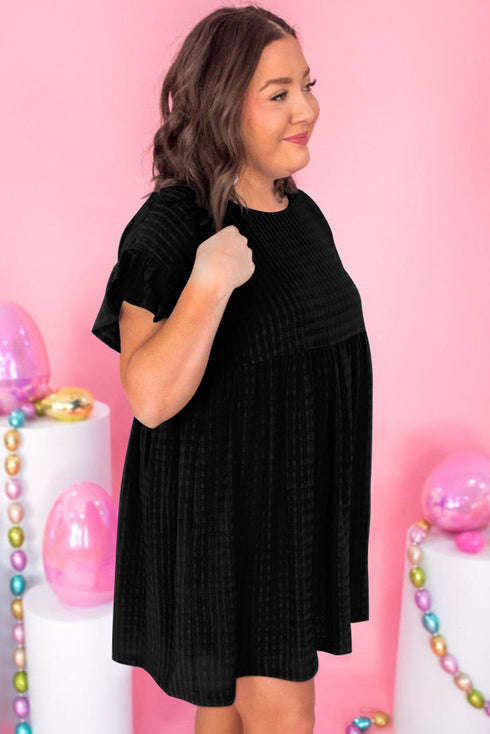 Black Textured Ruffled Sleeve Babydoll Plus Dress