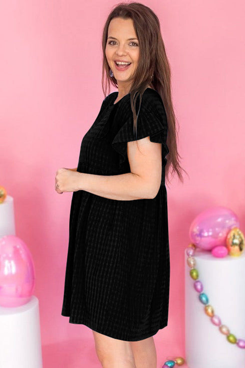 Black Textured Ruffled Sleeve Babydoll Plus Dress