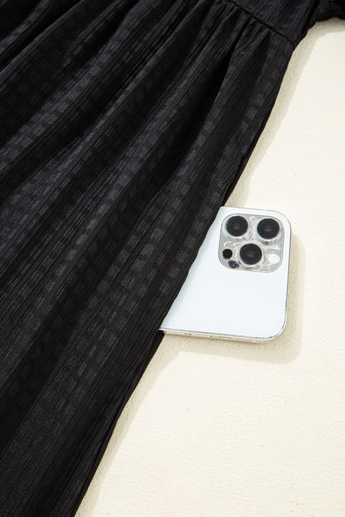 Black Textured Ruffled Sleeve Babydoll Plus Dress