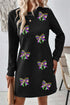 Black Textured Sequin Mardi Gras Bow Graphic Long Sleeve Mini Dress