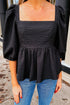 Black Textured Square Neck Puff Sleeve Peplum Blouse