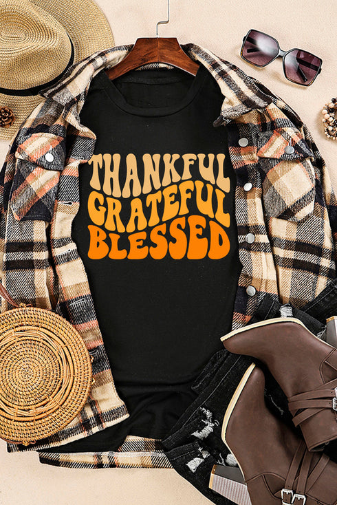 Black Thankful Grateful Blessed Crew Neck Graphic Tee