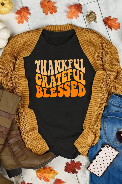 Black Thankful Grateful Blessed Crew Neck Graphic Tee