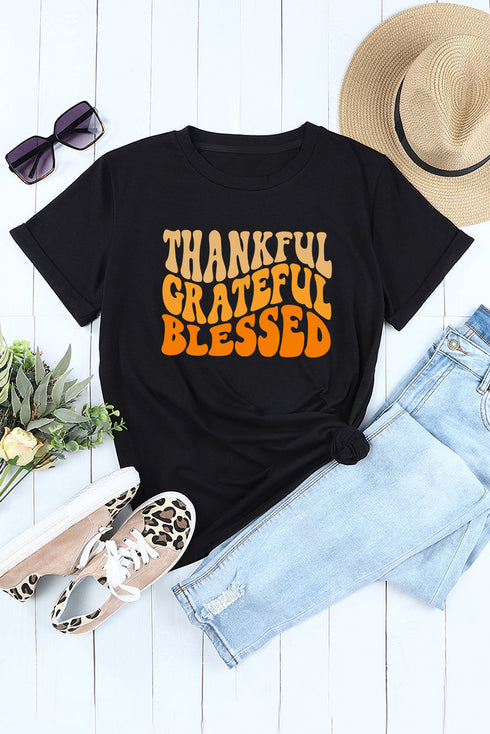 Black Thankful Grateful Blessed Crew Neck Graphic Tee