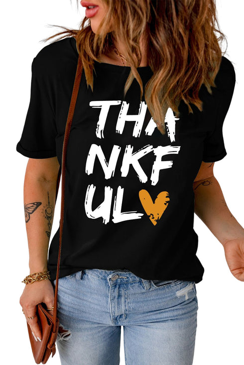 Black Thankful Heart Print Short Sleeve Graphic T Shirt
