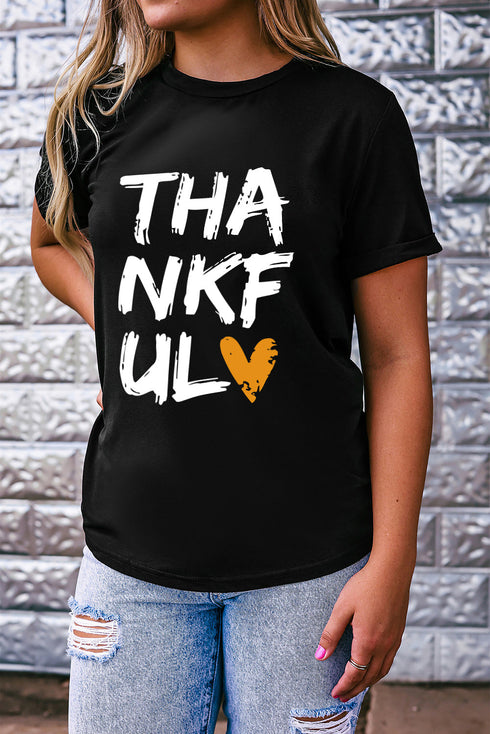 Black Thankful Heart Print Short Sleeve Graphic T Shirt