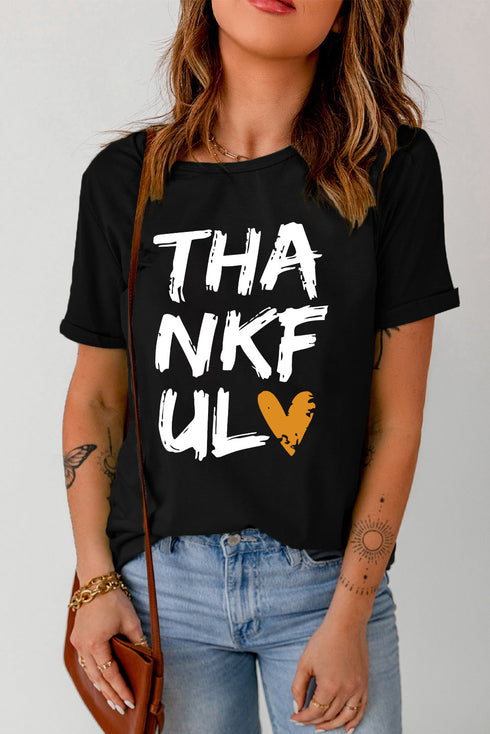 Black Thankful Heart Print Short Sleeve Graphic T Shirt