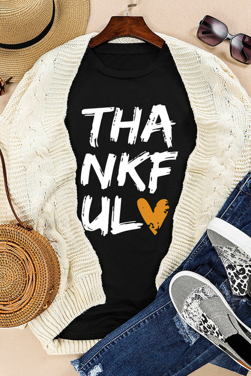 Black Thankful Heart Print Short Sleeve Graphic T Shirt