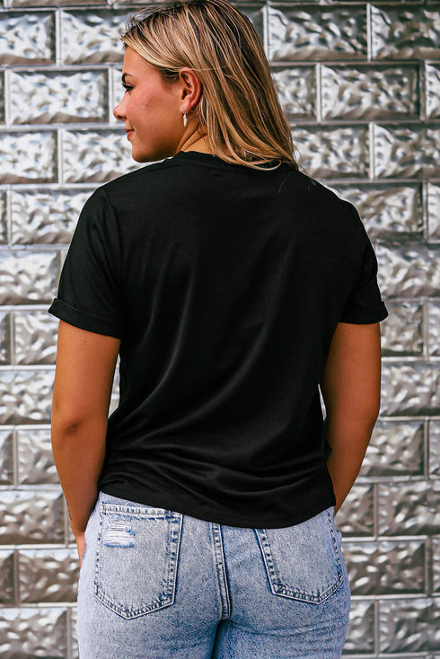 Black Thankful Heart Print Short Sleeve Graphic T Shirt