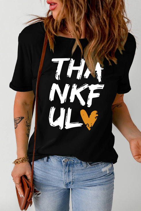 Black Thankful Heart Print Short Sleeve Graphic T Shirt