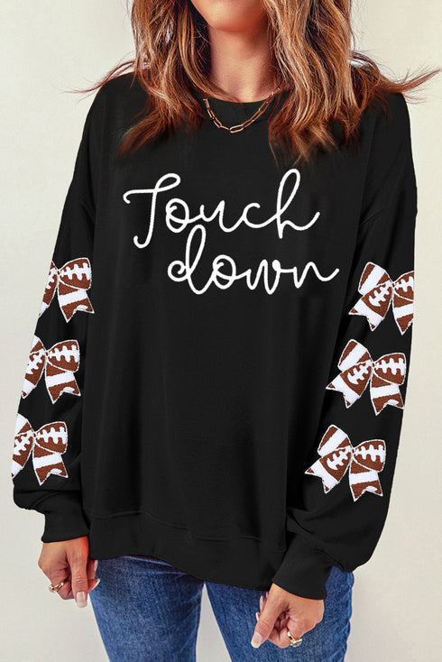 Black Touch Down Graphic Rugby Football Bowknot Patched Sleeve Sweatshirt