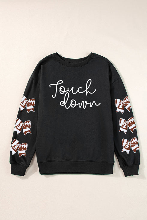 Black Touch Down Graphic Rugby Football Bowknot Patched Sleeve Sweatshirt