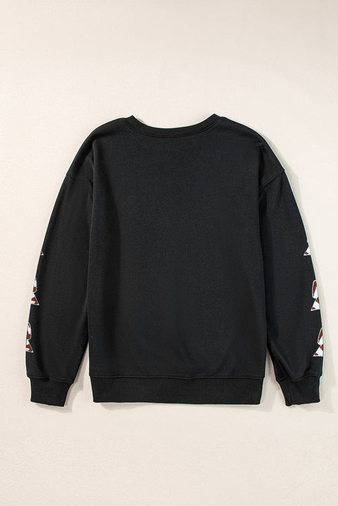 Black Touch Down Graphic Rugby Football Bowknot Patched Sleeve Sweatshirt