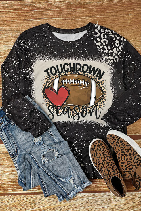 Black Touchdown Season Rugby Leopard Print Long Sleeve Top