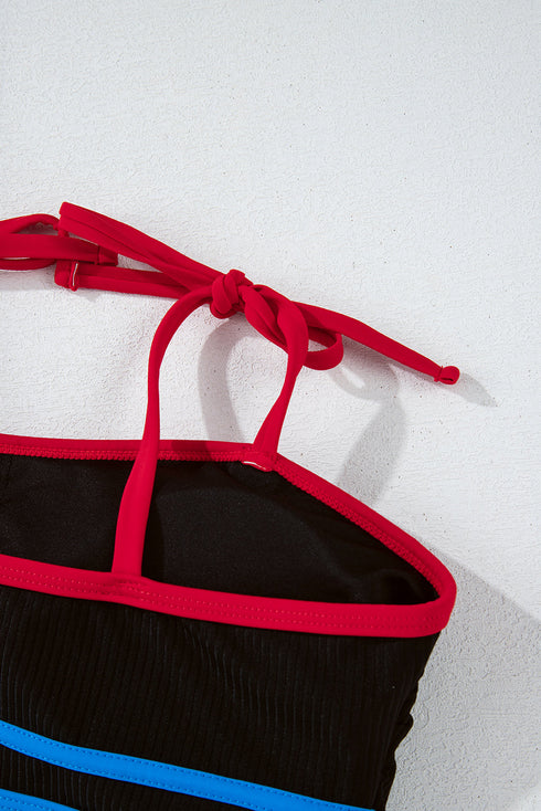 Black Triple Color Trimmed High Waist Bikini Set