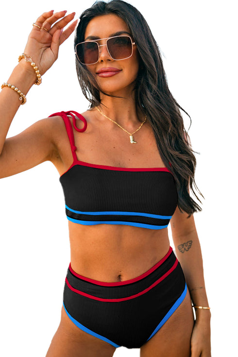 Black Triple Color Trimmed High Waist Bikini Set
