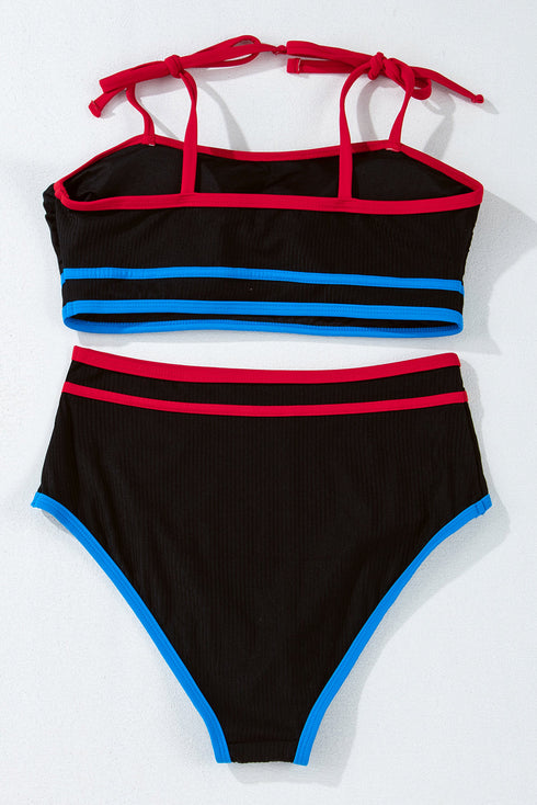 Black Triple Color Trimmed High Waist Bikini Set