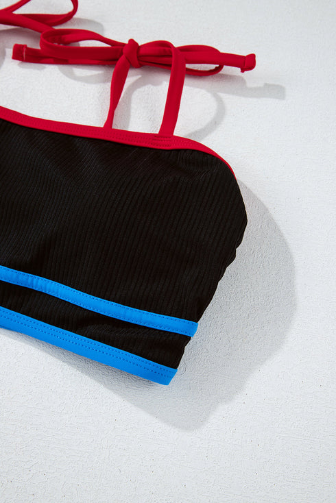 Black Triple Color Trimmed High Waist Bikini Set