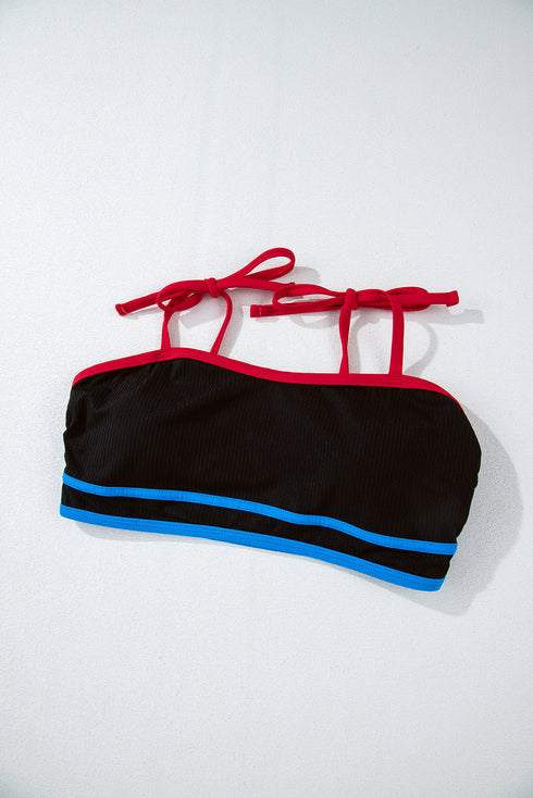 Black Triple Color Trimmed High Waist Bikini Set