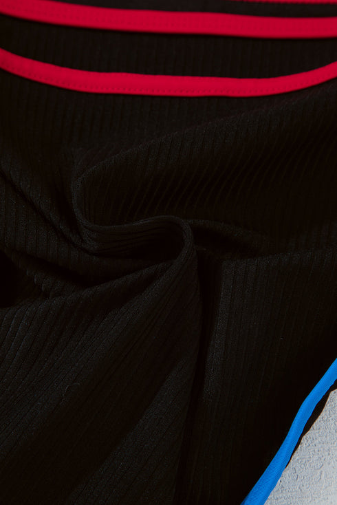 Black Triple Color Trimmed High Waist Bikini Set