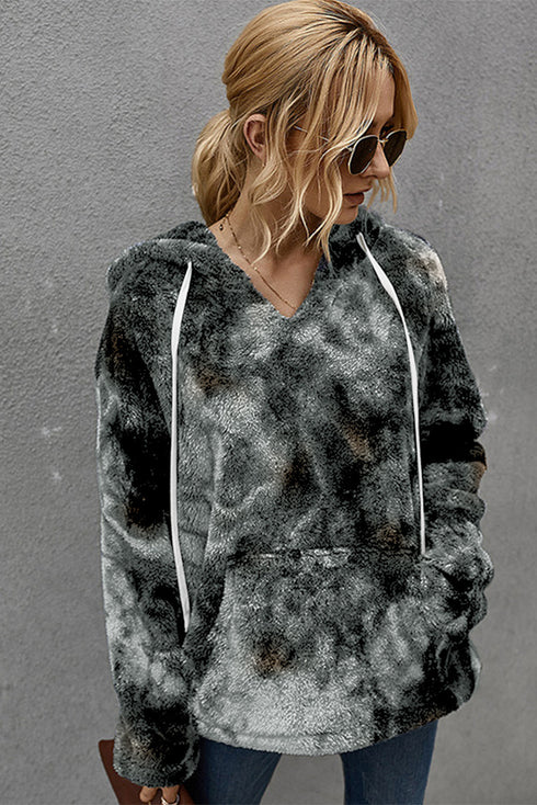 Black V-Neck Tie-Dye Plush Pullover Hoodie
