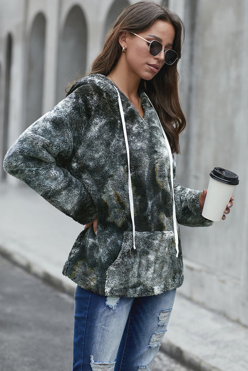 Black V-Neck Tie-Dye Plush Pullover Hoodie