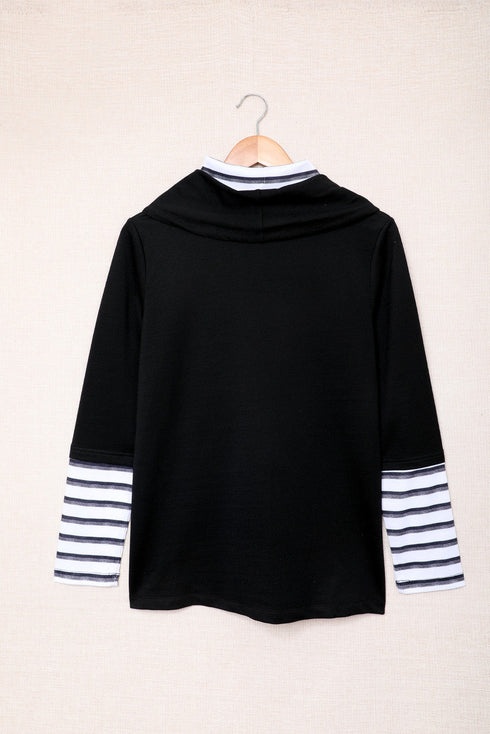 Black Valentines Glitter Heart Print Striped Cowl Neck Sweatshirt