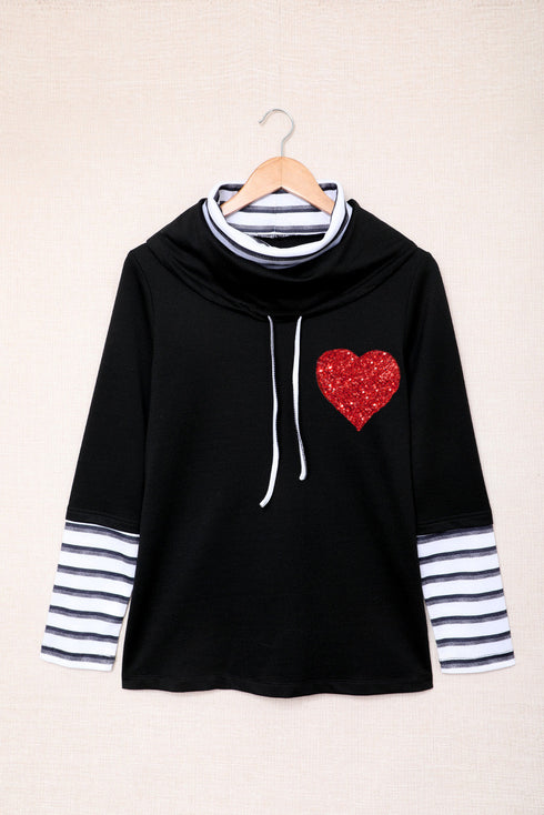 Black Valentines Glitter Heart Print Striped Cowl Neck Sweatshirt