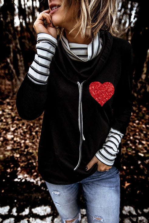 Black Valentines Glitter Heart Print Striped Cowl Neck Sweatshirt