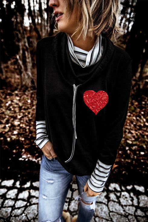 Black Valentines Glitter Heart Print Striped Cowl Neck Sweatshirt