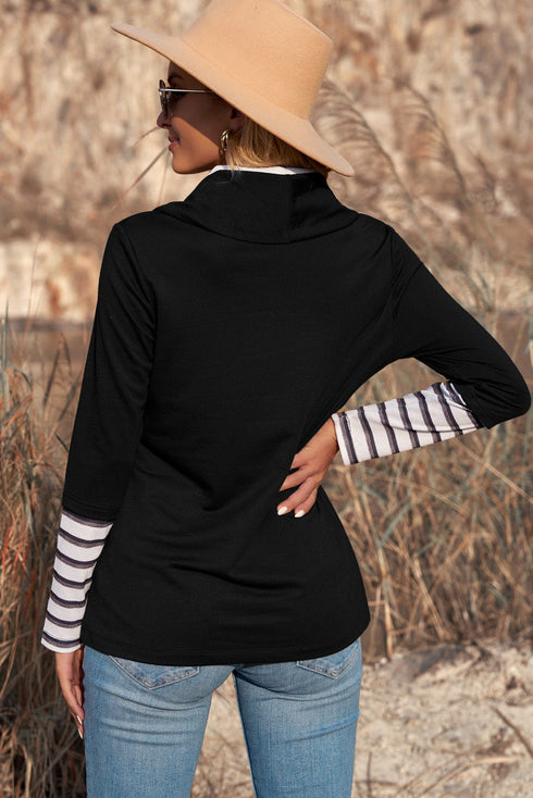 Black Valentines Glitter Heart Print Striped Cowl Neck Sweatshirt