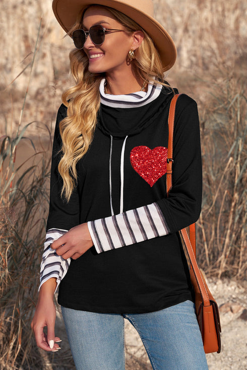 Black Valentines Glitter Heart Print Striped Cowl Neck Sweatshirt
