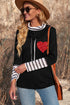 Black Valentines Glitter Heart Print Striped Cowl Neck Sweatshirt