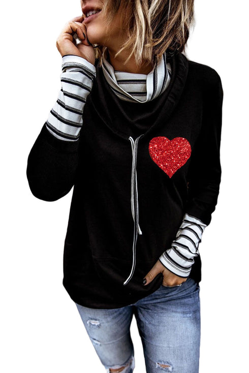 Black Valentines Glitter Heart Print Striped Cowl Neck Sweatshirt