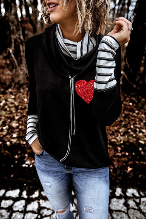 Black Valentines Glitter Heart Print Striped Cowl Neck Sweatshirt
